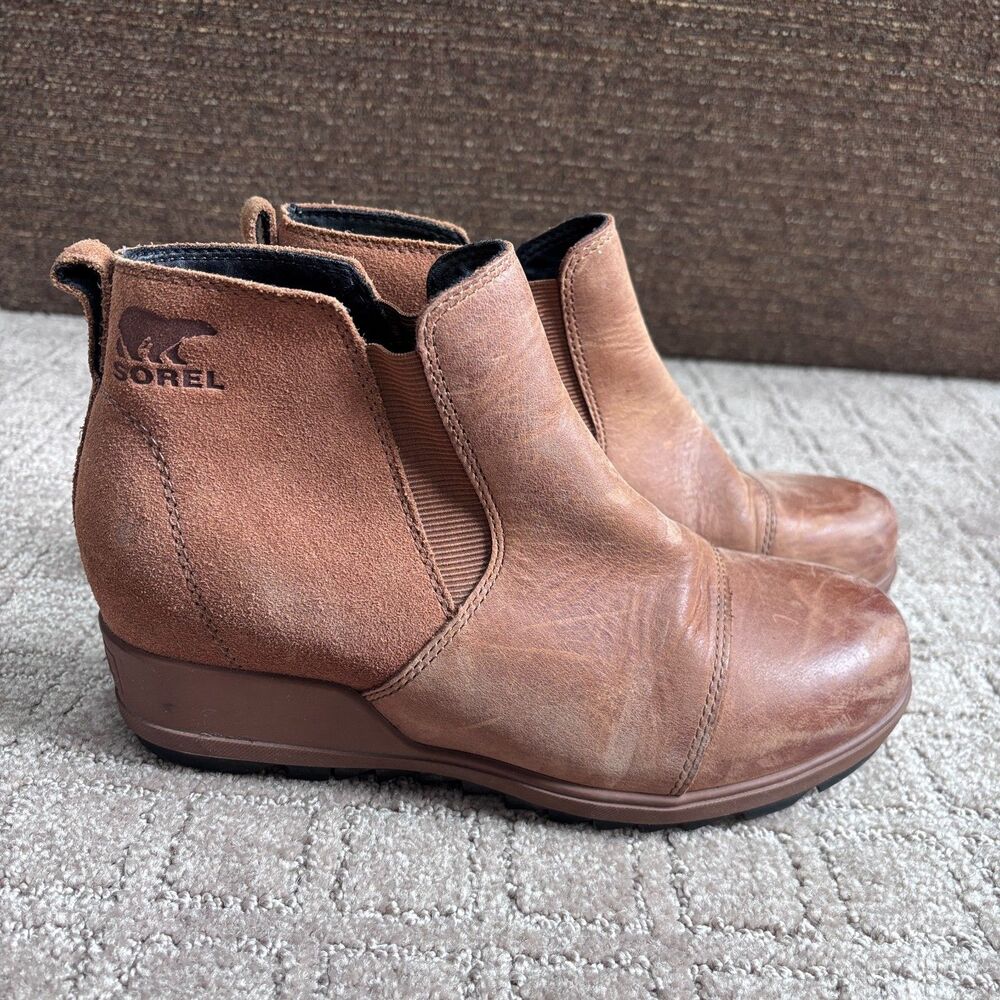 Sorel Evie Wedge Chelsea Boots Womens 8 Brown Tan Leather Pull On Bootie Comfort